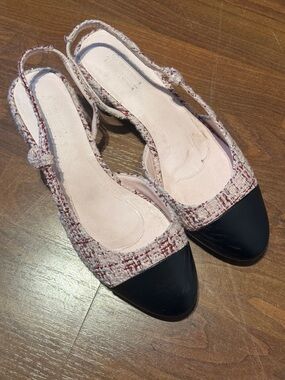 Call It Spring Pink Tweed Slingback Flats with Black Cap Toe